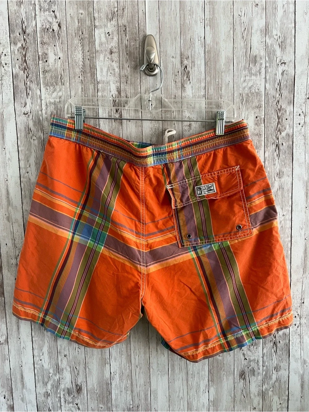 Polo by Ralph Lauren Orange Plaid Swim Shorts with Multicolor Stripes Large